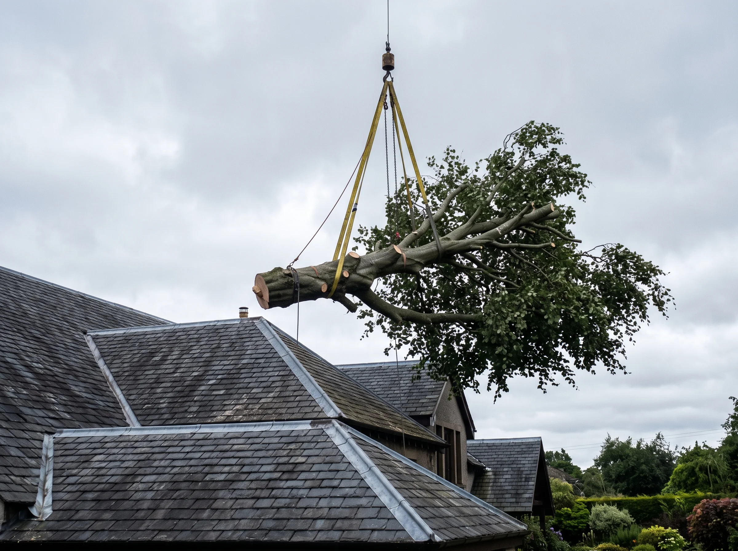 A cut beech section hangs from the crane hook as it travels clear over a wet slate rooftop, seen from the garden below.