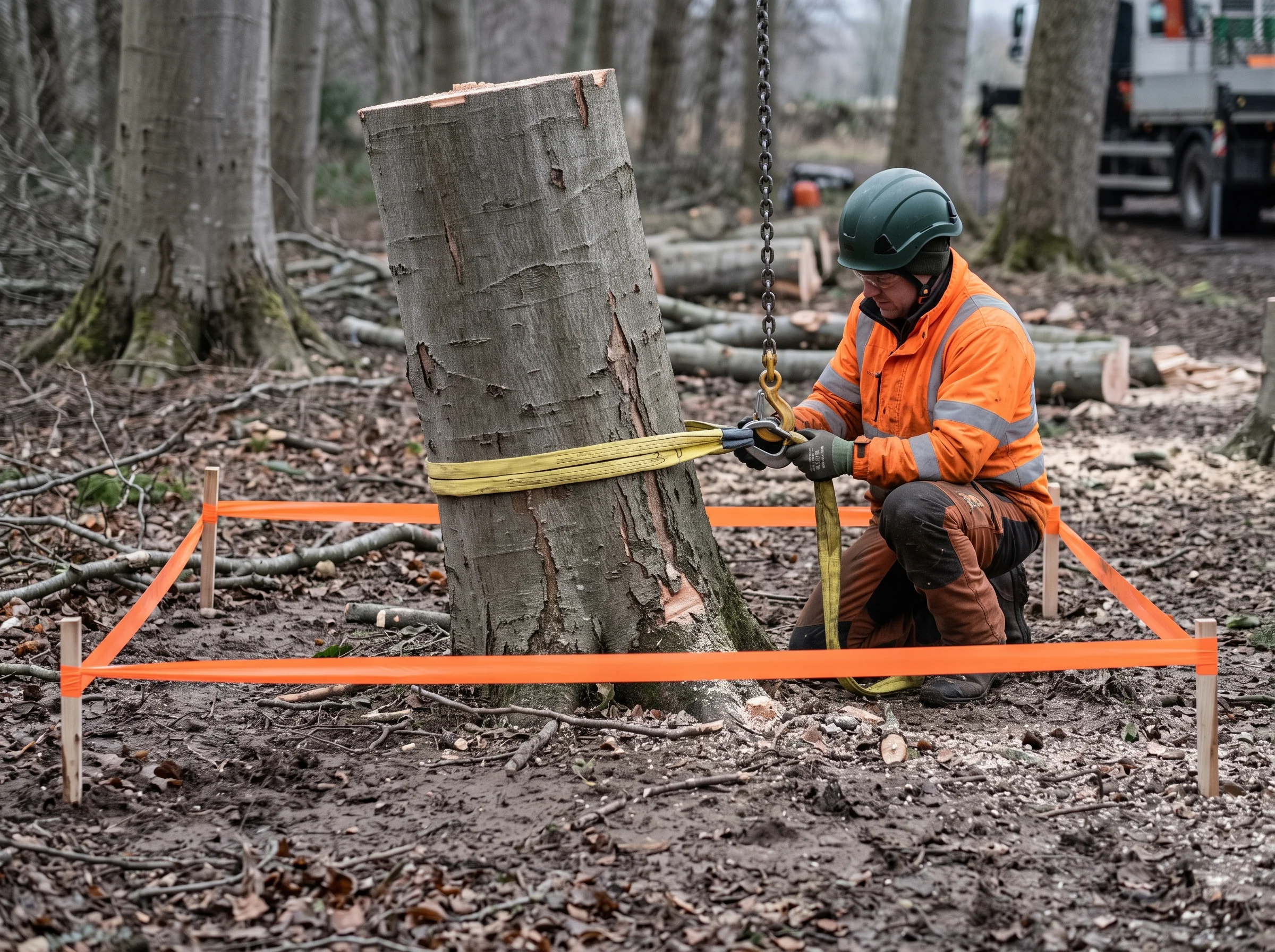 A felled beech tree section stands in a dirt and leaf-covered forest floor within a taped boundary, while a groundworker in high-visibility gear handles a lifting sling.