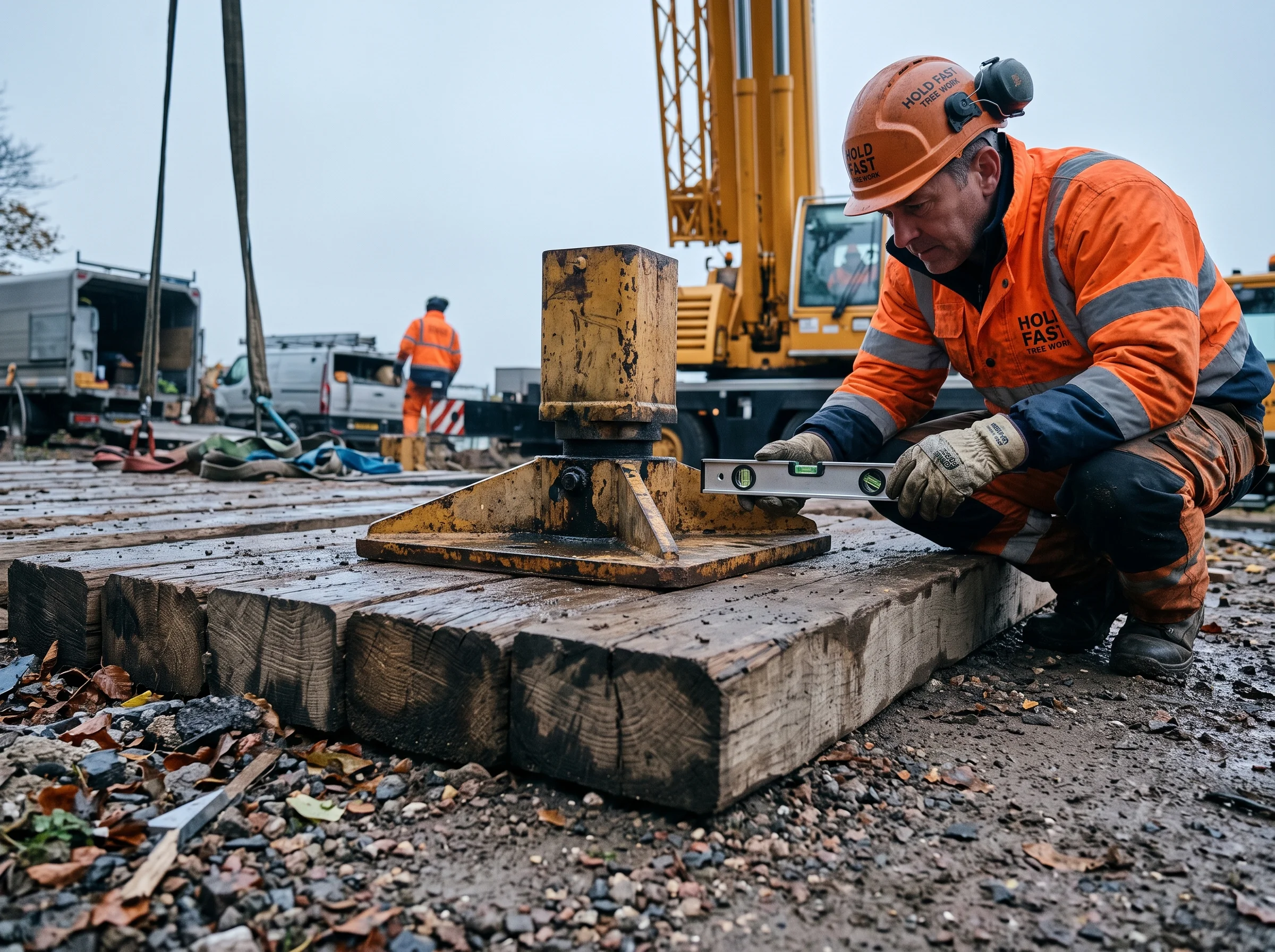 A crane outrigger foot is lowered onto a timber mat on a driveway while the operator crouches to check the level.