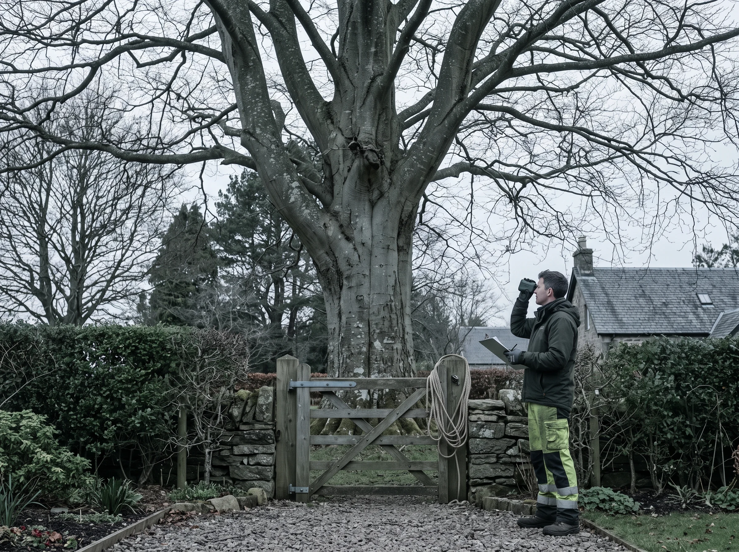 A surveyor stands at a garden gate holding a marked-up lift plan on a clipboard, measuring a mature beech tree with a laser rangefinder.
