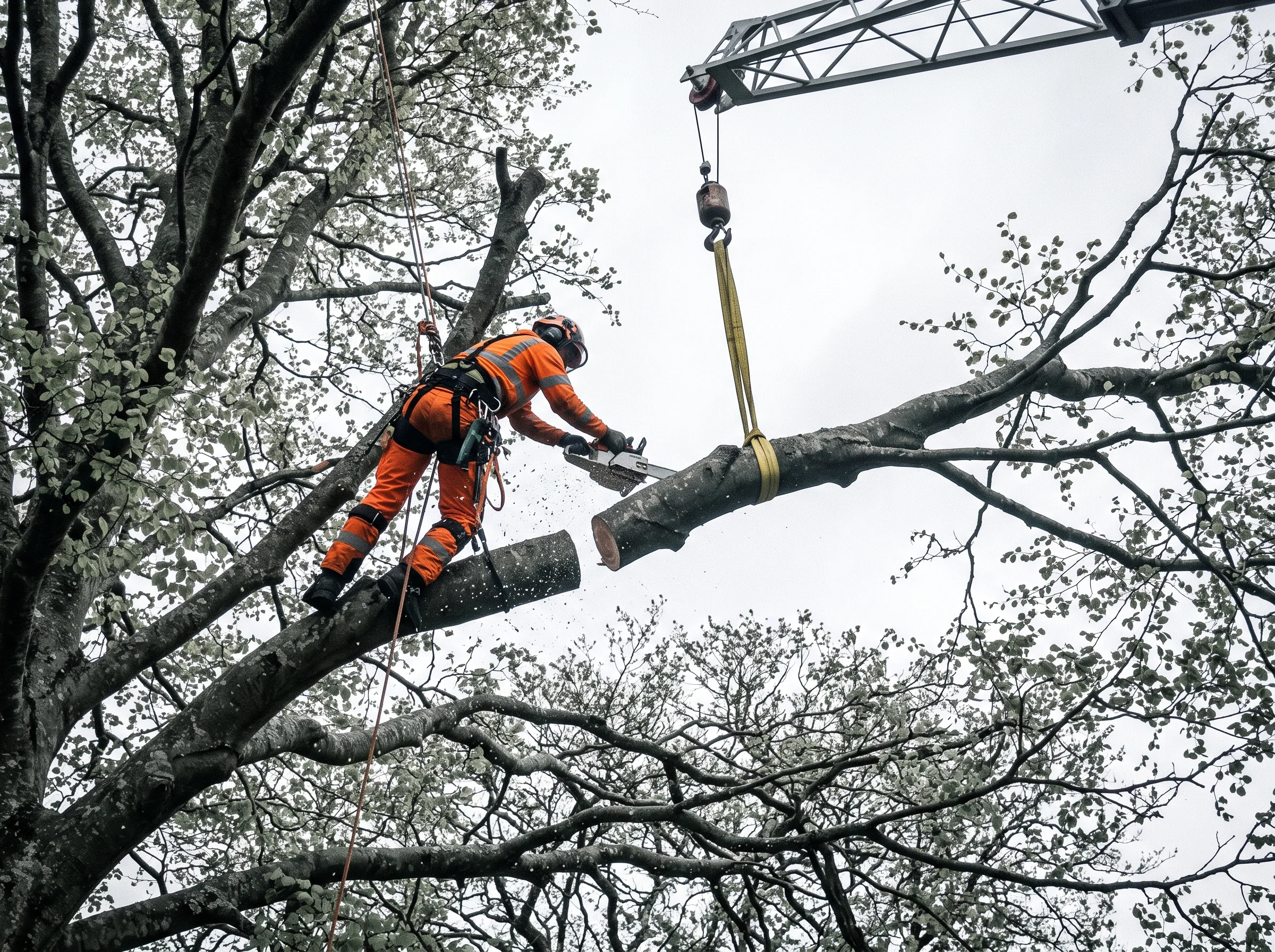 A climber braced in a beech crown finishes a cut while the crane line above already carries the section's weight.