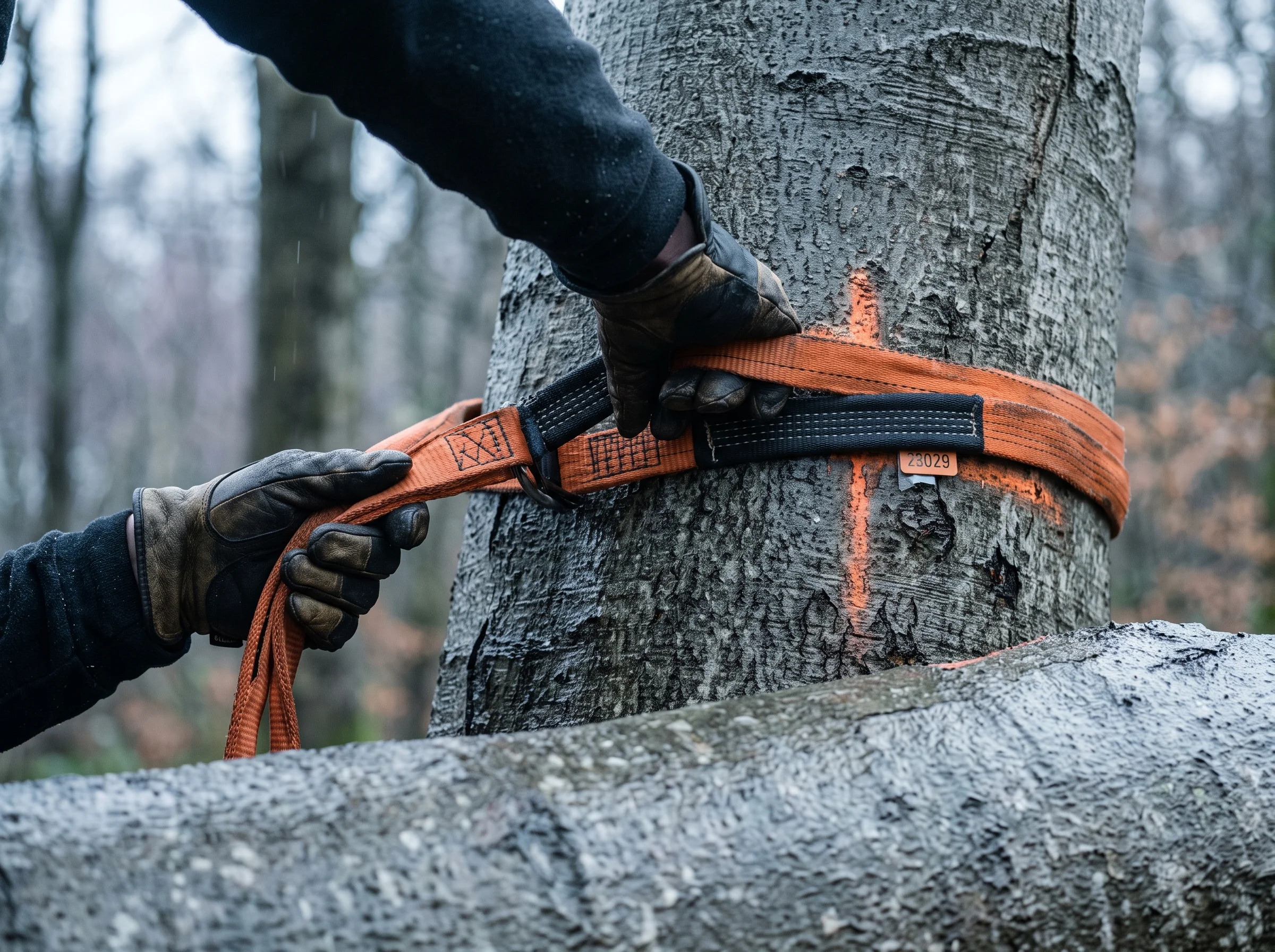 Gloved hands set a lifting sling around a marked pick point on a rain-wet beech stem, climbing rope clipped nearby.