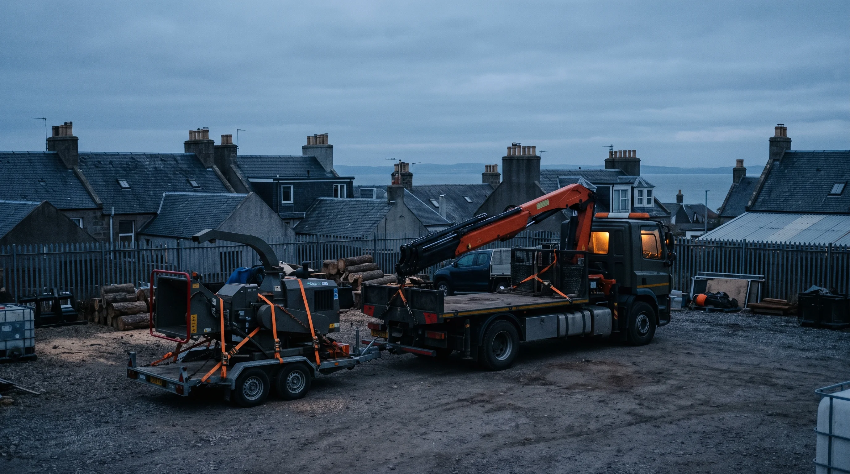 The crane and chipper stand parked and strapped down at the yard at dusk, one cab light on, with Inverness rooftops grey behind.
