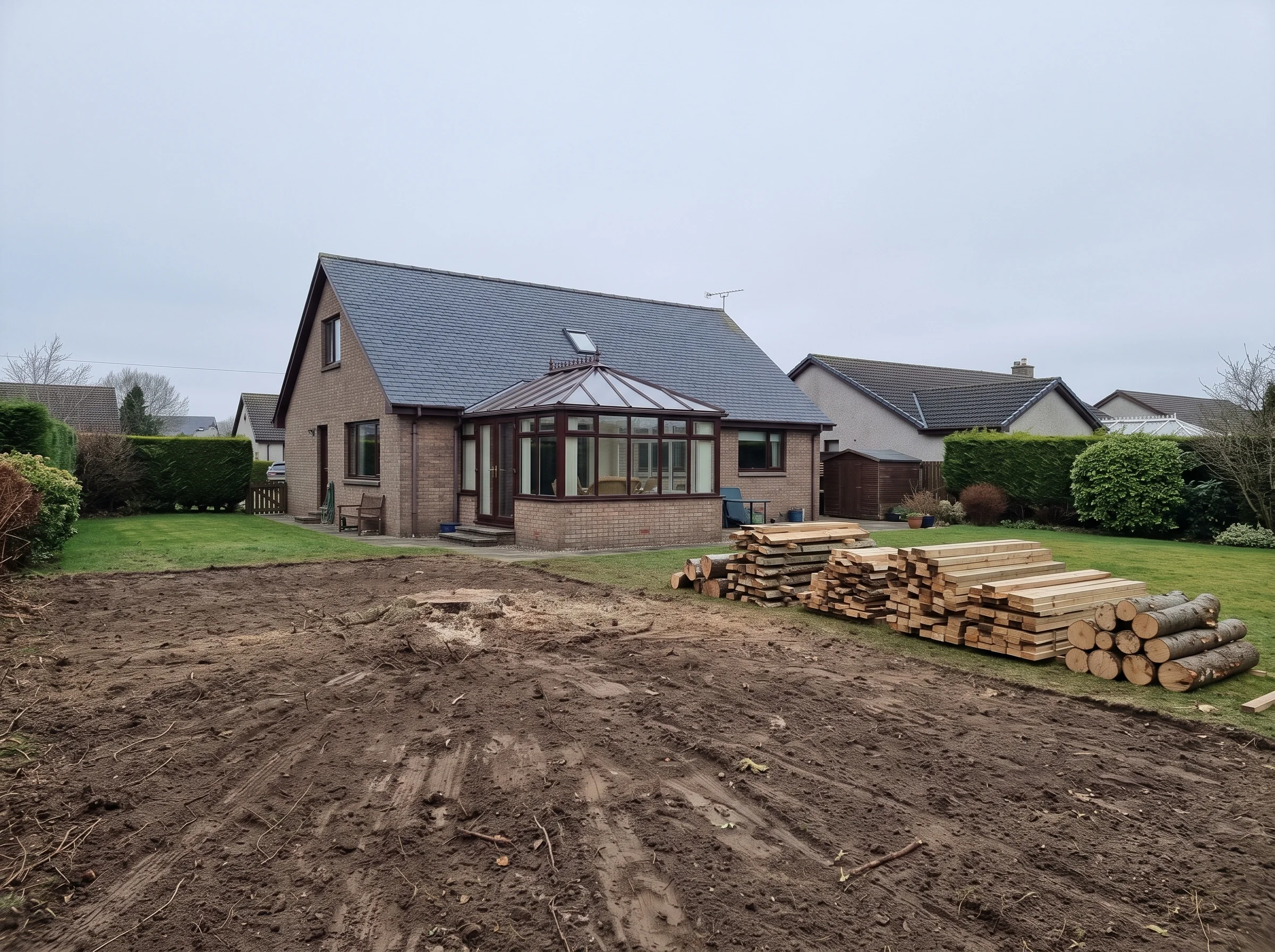A suburban house with a conservatory and a foreground of cleared muddy ground with stacked timber and logs.