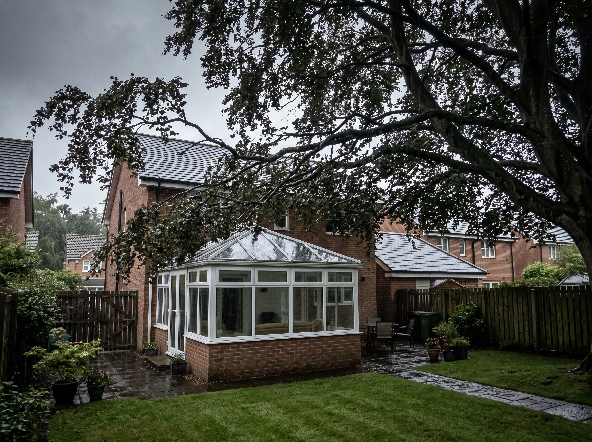 A very tall beech tree leans over a glass conservatory in a Culduthel garden, its rain-heavy crown filling the sky above the roof.