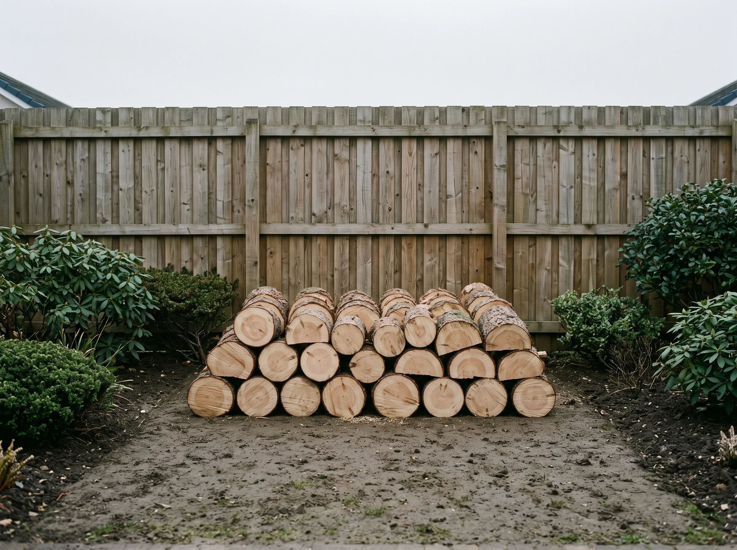 A neat stack of cut pine rounds rests on bare soil in front of a wooden fence, flanked by shrubs.
