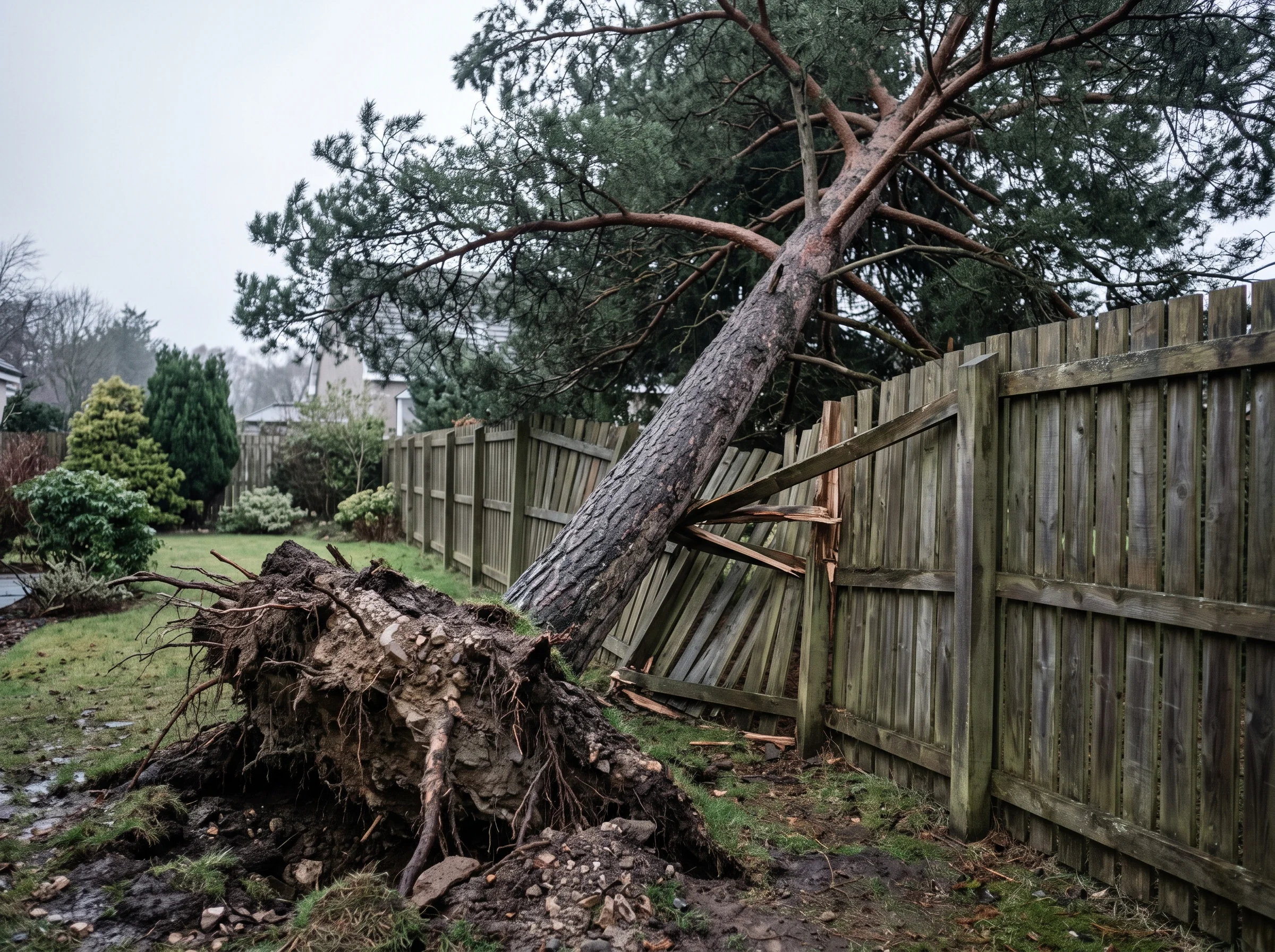 A Scots pine leans hard over a garden fence in the Crown area of Inverness, its root plate lifting the lawn after a storm.