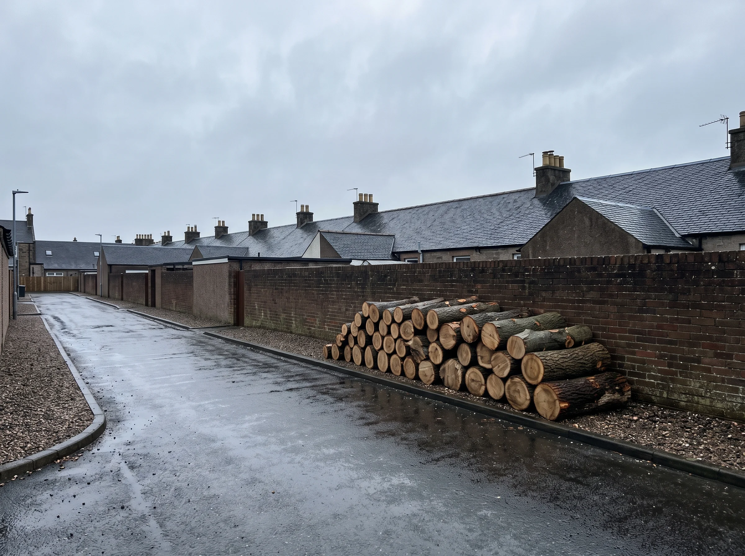 The same Nairn rear lane after the removal: the roofline clear against the sky and elm logs stacked neatly at the lane end.