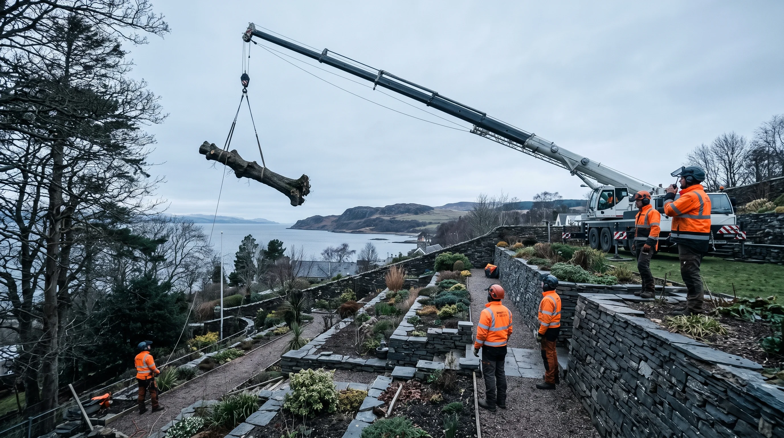 A mobile crane at full radius carries a tree stem above the ridge line of a terraced Inverness street while three crew in hi-vis watch from marked positions.