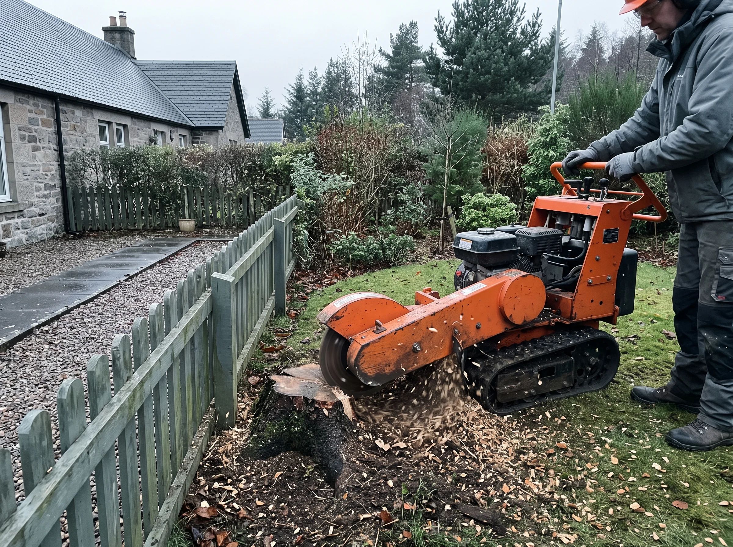 A stump grinder cuts down a stump in a small front garden, wood chips arcing behind the guard, with a narrow gate behind.