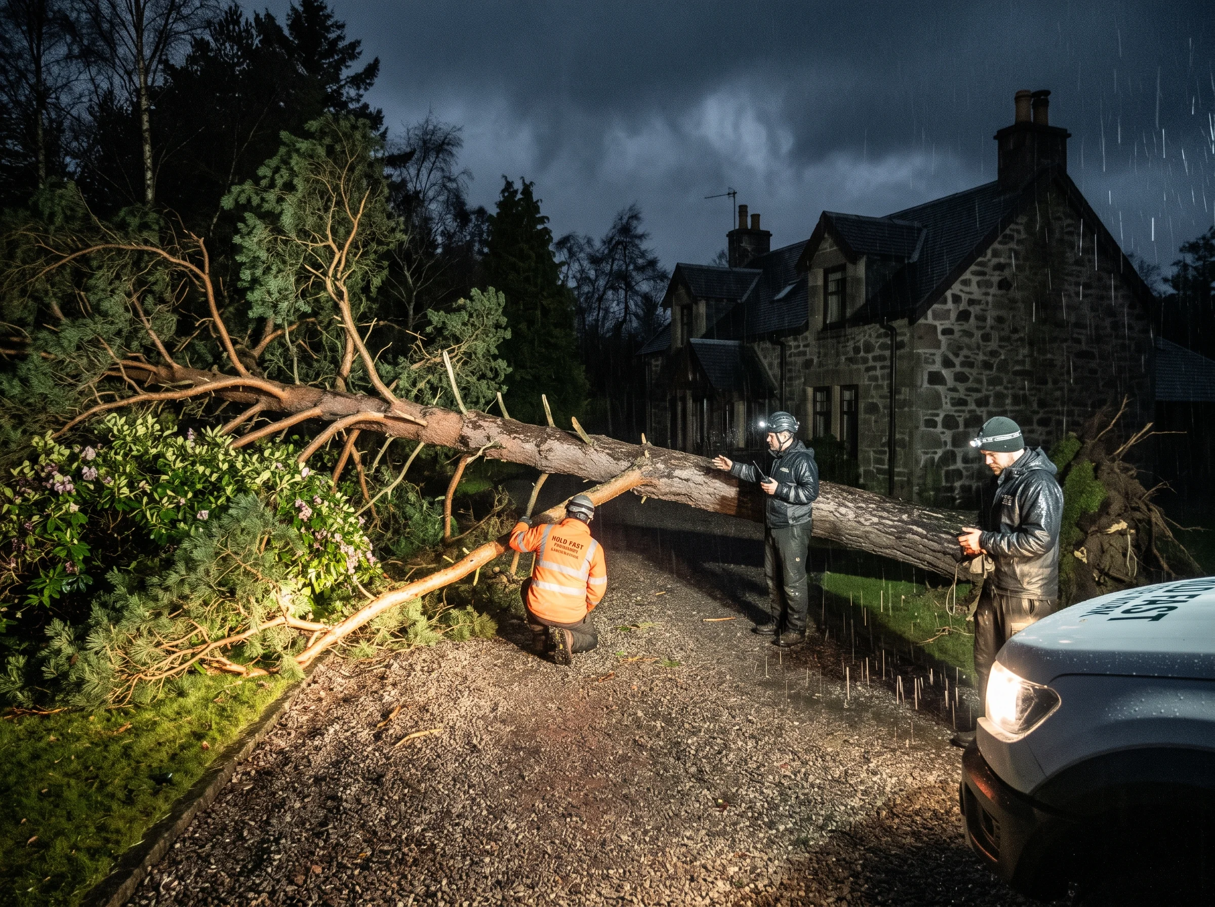 A crew in hi-vis assesses a storm-blown pine lying across a driveway at night, lit by vehicle headlights in the rain.