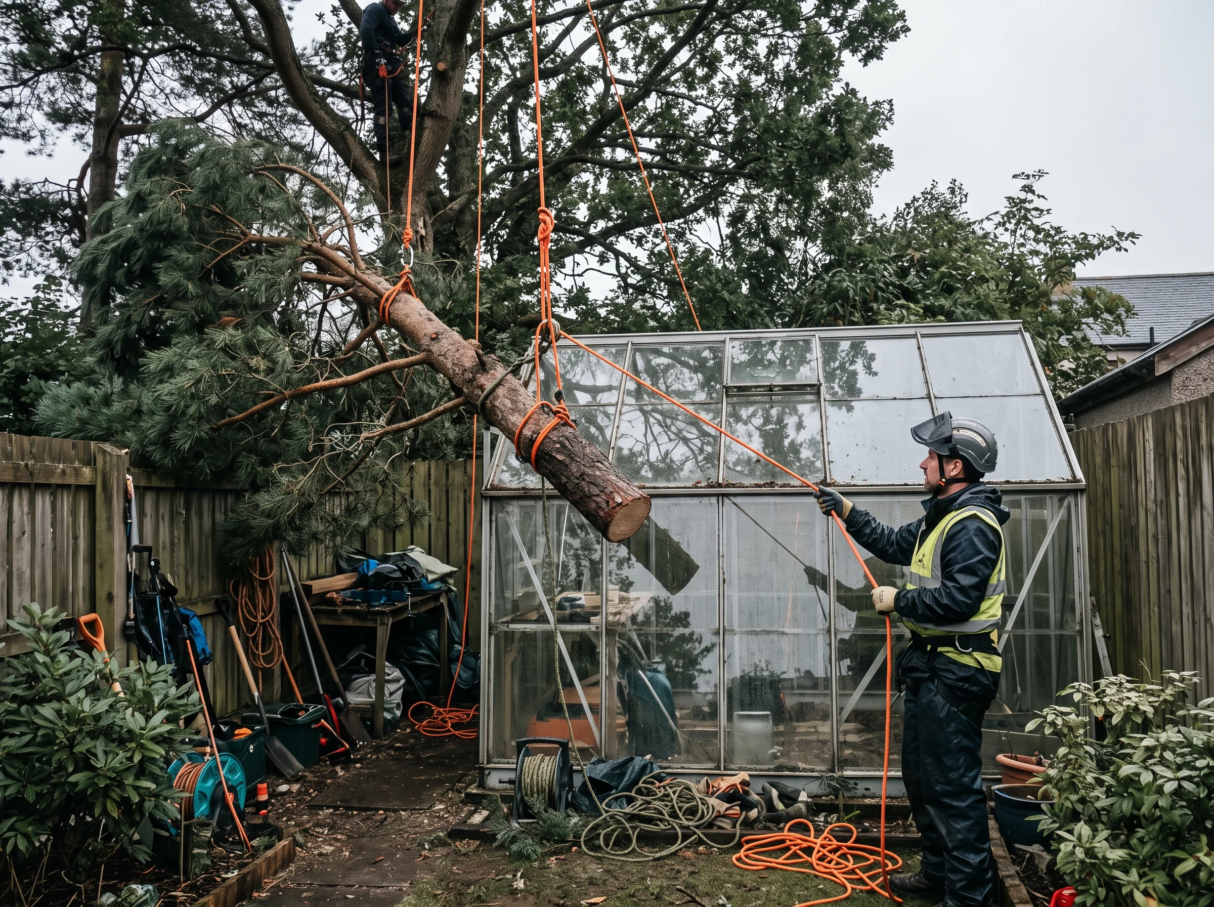 A climber lowers a rigged limb on ropes past a greenhouse in a confined back garden while a groundworker controls the line.