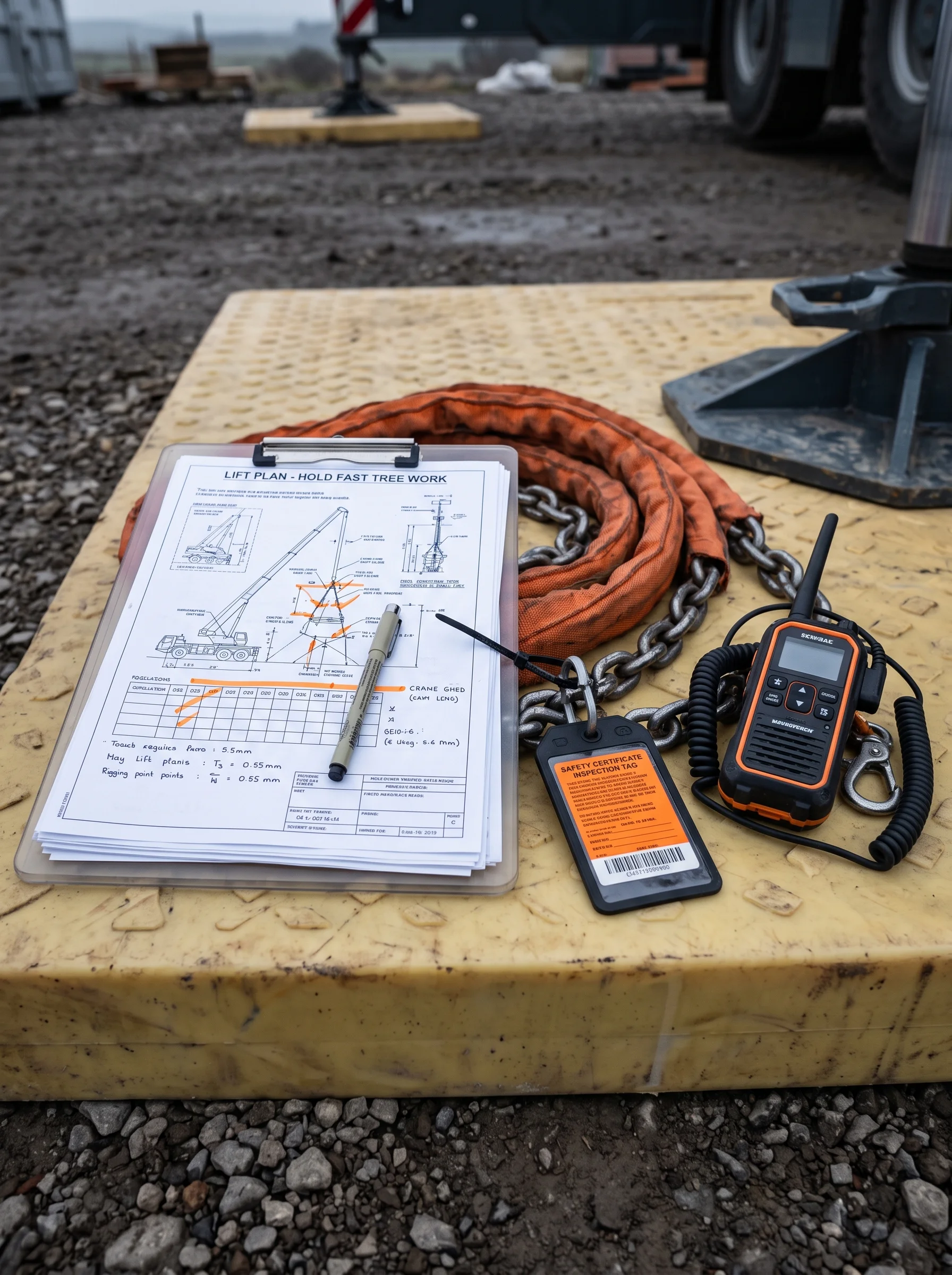 A clipboard holding a marked-up lift plan rests on a crane outrigger pad beside a LOLER-tagged lifting sling and a radio clipped to a climbing harness.