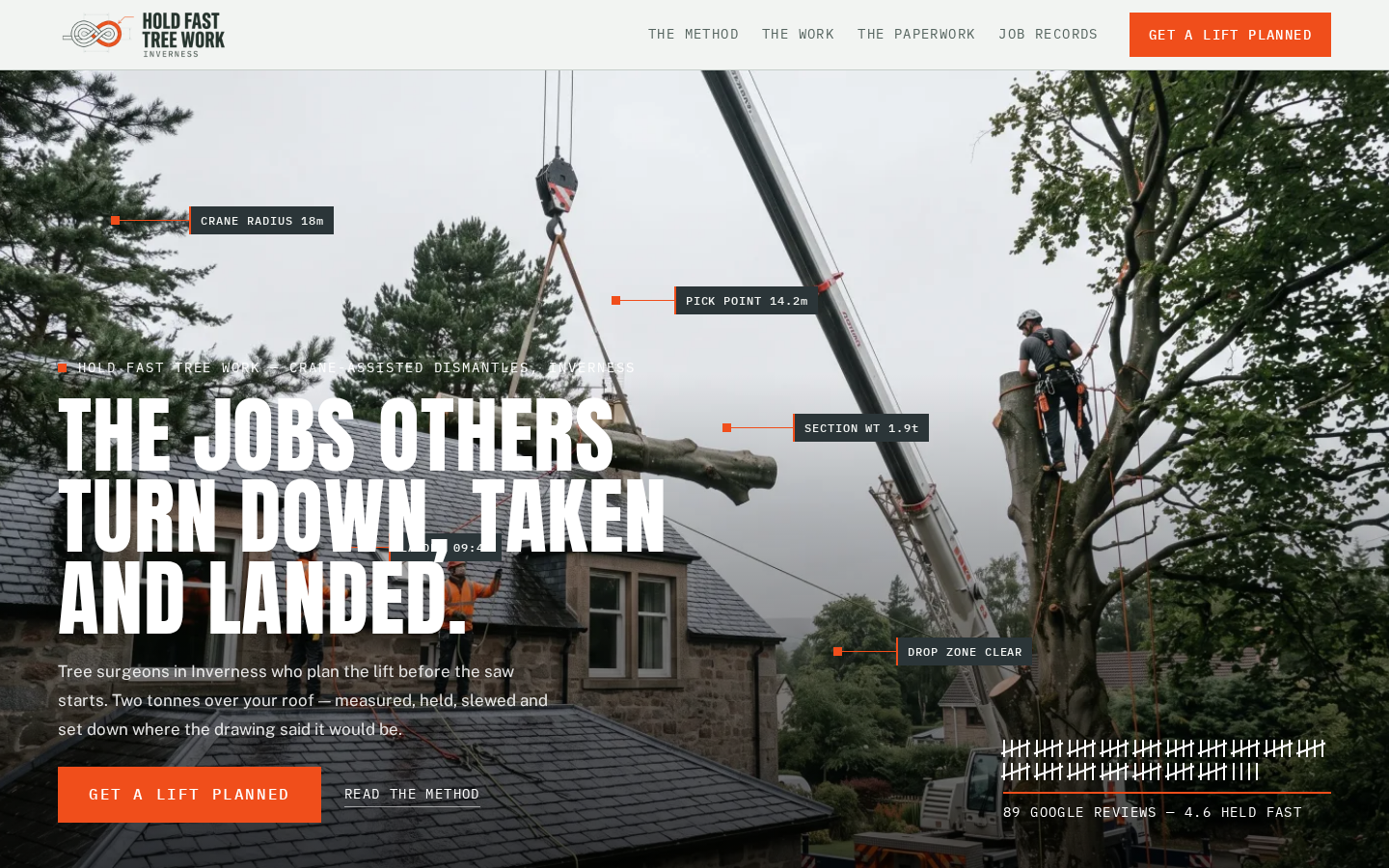 Hold Fast Tree Work home page on a desktop screen